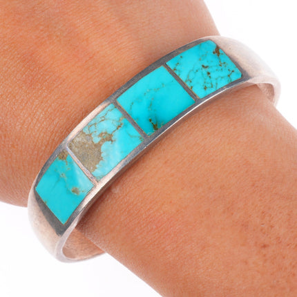 6.7" Vintage Navajo sterling silver turquoise channel inlay cuff bracelet