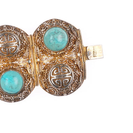6.75" Vintage Chinese silver filigree wide turquoise mesh link bracelet
