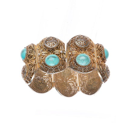 6.75" Vintage Chinese silver filigree wide turquoise mesh link bracelet