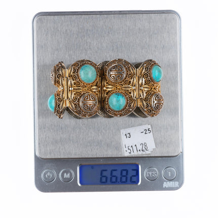 6.75" Vintage Chinese silver filigree wide turquoise mesh link bracelet