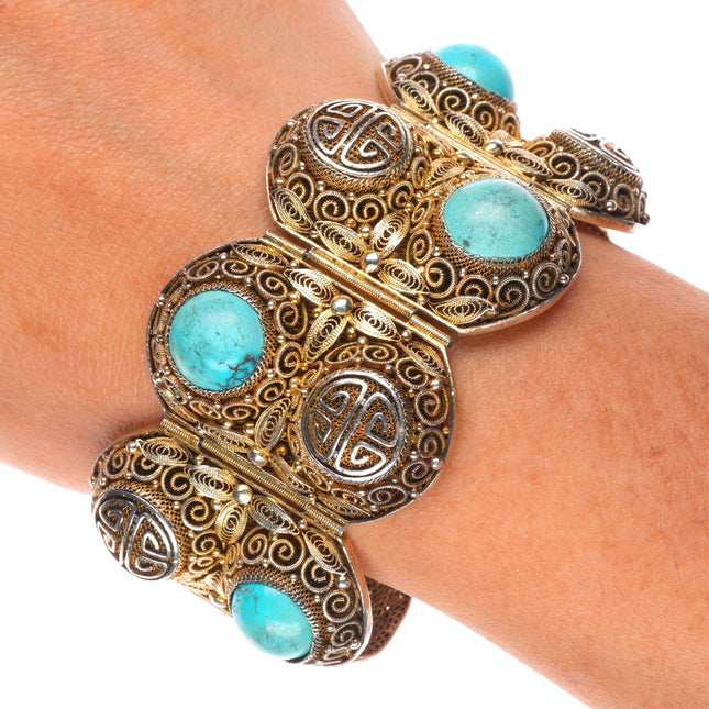 6.75" Vintage Chinese silver filigree wide turquoise mesh link bracelet