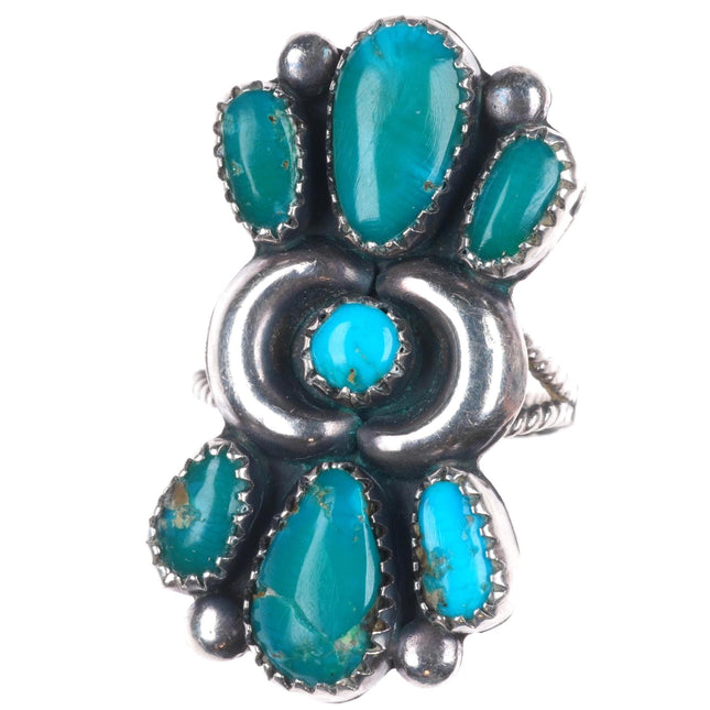 sz6.5 40's-50's Zuni Ondelacy repousse sterling silver turquoise cluster ring