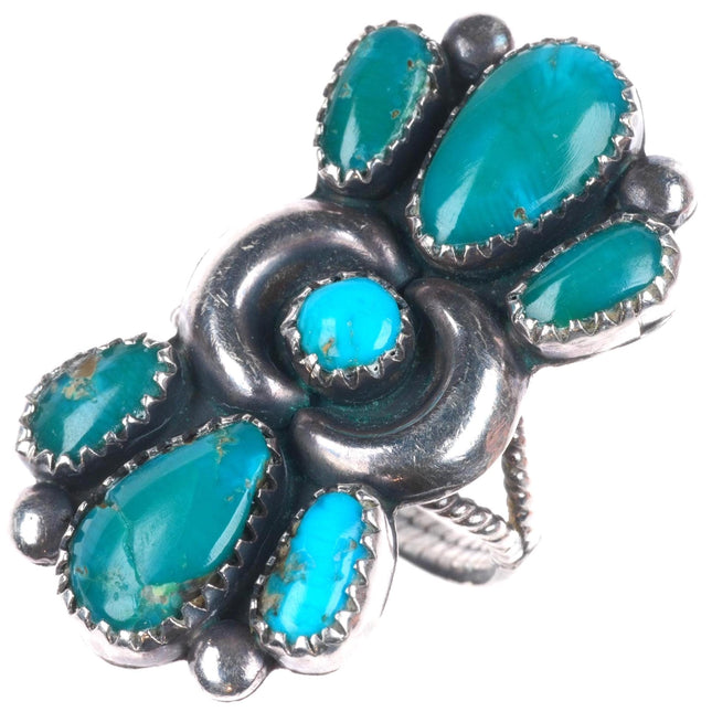 sz6.5 40's-50's Zuni Ondelacy repousse sterling silver turquoise cluster ring