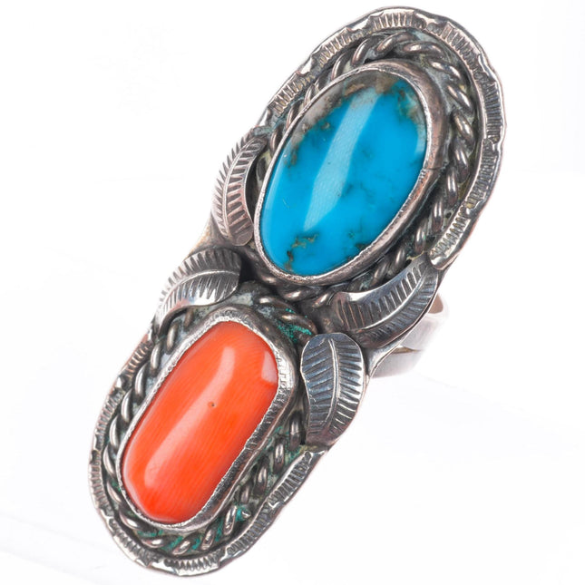 sz10 Vintage Navajo Bisbee turquoise/Coral sterling silver long ring