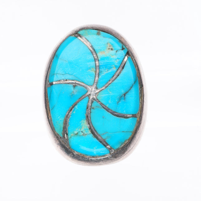 sz9 Heavy Vintage Zuni sterling silver turquoise channel inlay swirl ring