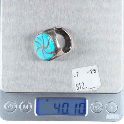 sz9 Heavy Vintage Zuni sterling silver turquoise channel inlay swirl ring