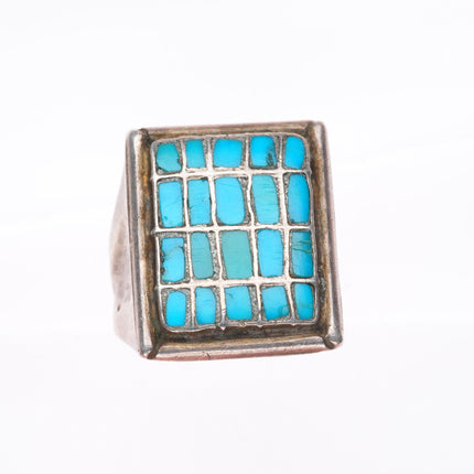 sz10 Vintage Zuni sterling silver fine channel inlay turquoise men's ring