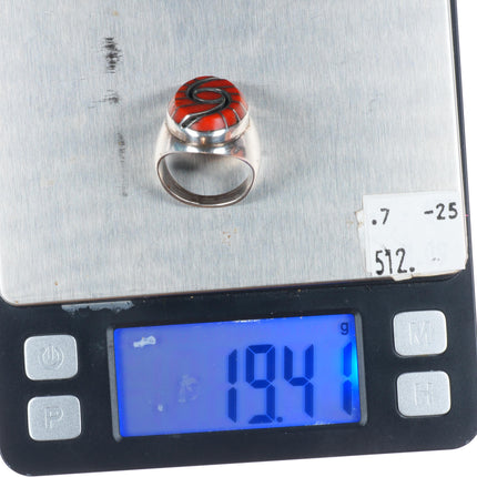 sz8 Dickie Quandelacy Zuni sterling silver coral hummingbird channel inlay ring