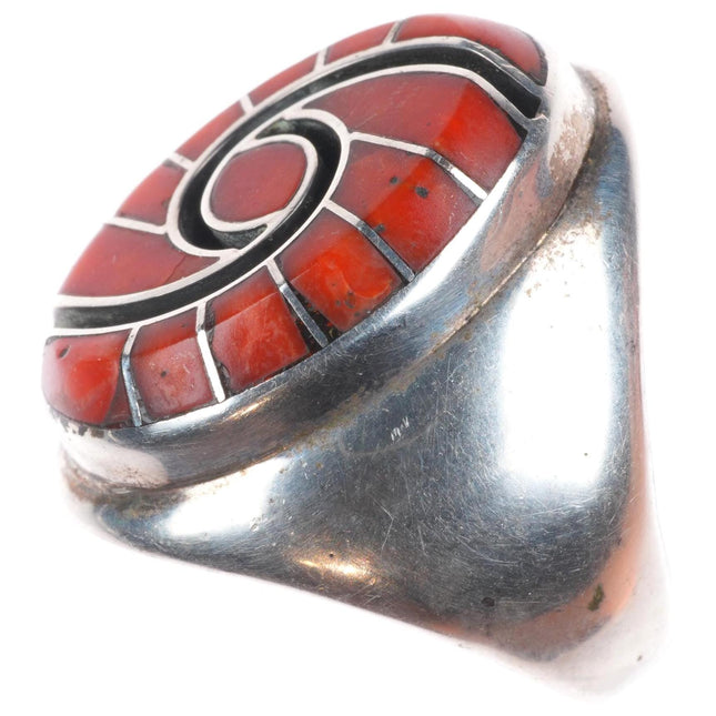 sz8 Dickie Quandelacy Zuni sterling silver coral hummingbird channel inlay ring