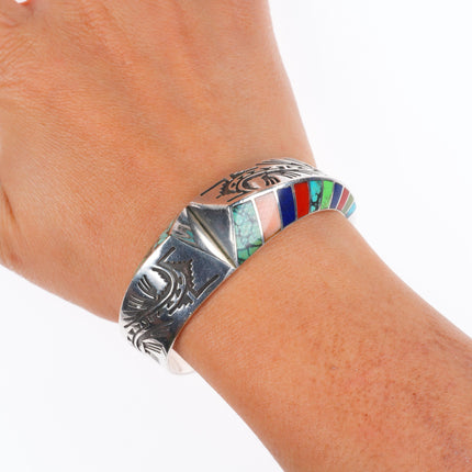 6.1" Lonn Parker Navajo sterling silver multi-stone inlay cuff bracelet/earrings
