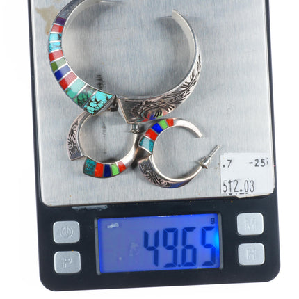 6.1" Lonn Parker Navajo sterling silver multi-stone inlay cuff bracelet/earrings