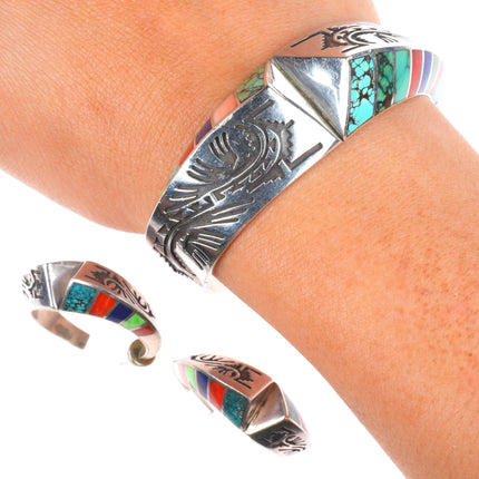 6.1" Lonn Parker Navajo sterling silver multi-stone inlay cuff bracelet/earrings