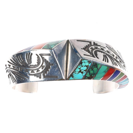 6.1" Lonn Parker Navajo sterling silver multi-stone inlay cuff bracelet/earrings