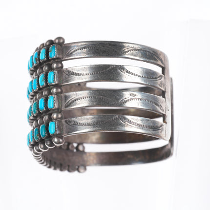 6.6" 1940's Zuni 4 row square cut natural turquoise cluster cuff bracelet