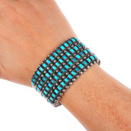 6.6" 1940's Zuni 4 row square cut natural turquoise cluster cuff bracelet