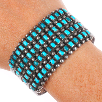 6.6" 1940's Zuni 4 row square cut natural turquoise cluster cuff bracelet