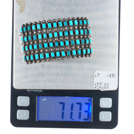 6.6" 1940's Zuni 4 row square cut natural turquoise cluster cuff bracelet