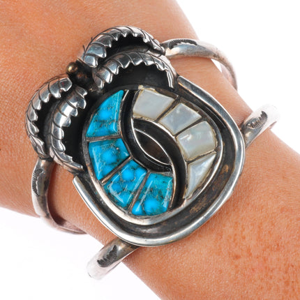 6.5" Vintage  Zuni sterling silver spiderweb turquoise/shell inlay cuff bracelet
