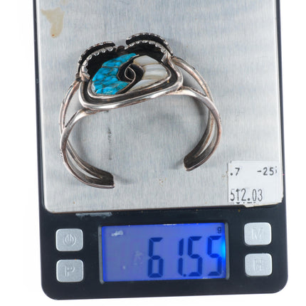 6.5" Vintage  Zuni sterling silver spiderweb turquoise/shell inlay cuff bracelet