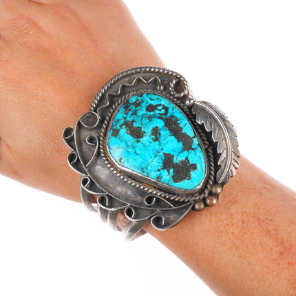 7" Big Vintage Navajo sterling silver wide face turquoise cuff bracelet