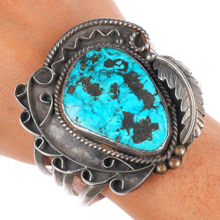 7" Big Vintage Navajo sterling silver wide face turquoise cuff bracelet