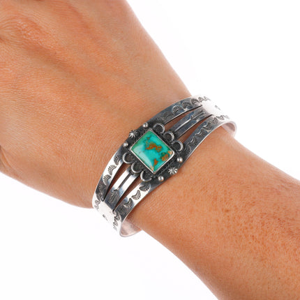 6.6"  1940's Navajo sterling silver high grade turquoise snakes cuff bracelet