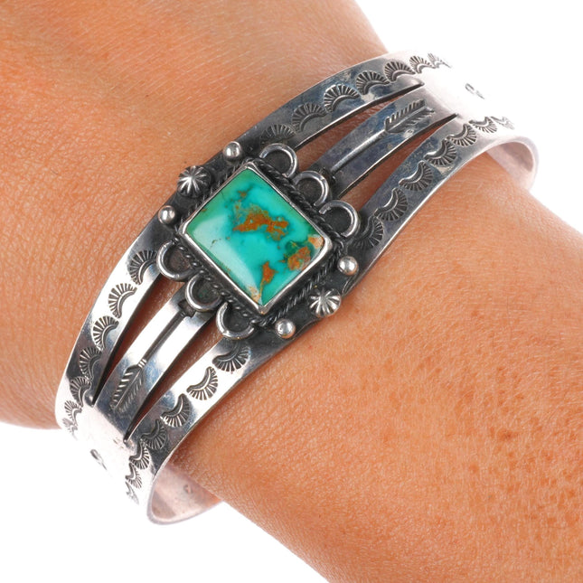6.6"  1940's Navajo sterling silver high grade turquoise snakes cuff bracelet