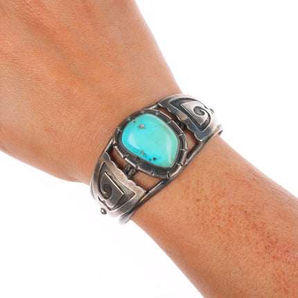 6.1" Vintage RJ Jr Navajo sterling silver turquoise cuff bracelet