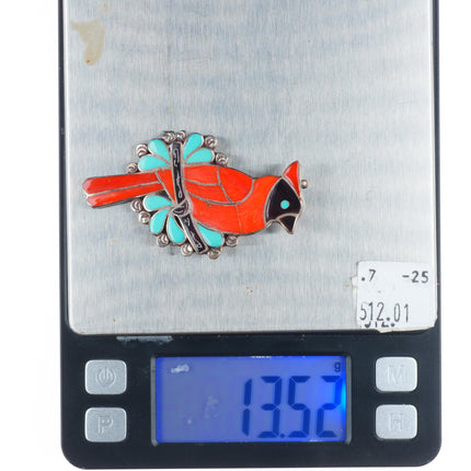 Porfilio Sheyka Zuni sterling silver coral cardinal redbird pendant/pin