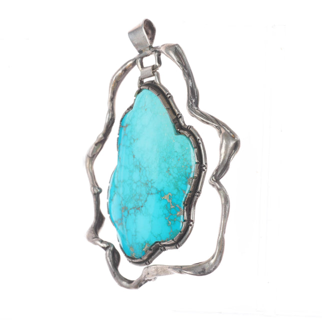 Large Vintage spiderweb turquoise southwestern brutalist sterling silver pendant