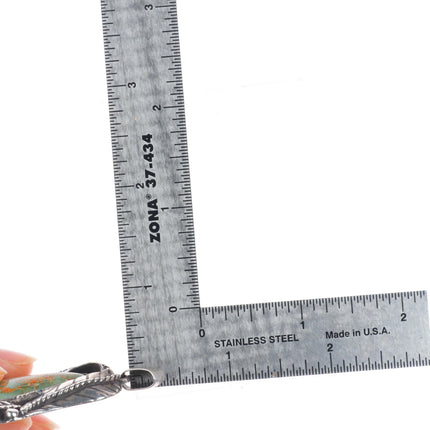 Vintage Navajo sterling silver feather bezel green turquoise necklace pendant