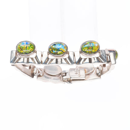 6.5" Retro Mexican sterling silver art glass modernist link bracelet