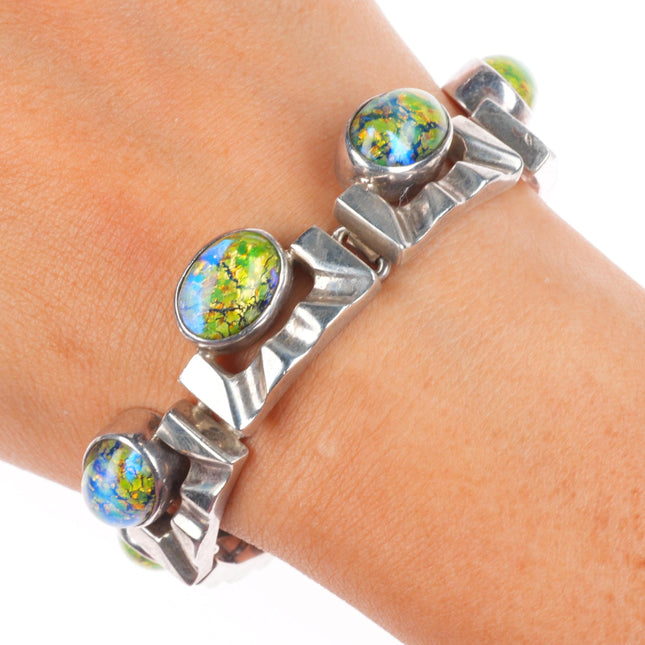 6.5" Retro Mexican sterling silver art glass modernist link bracelet