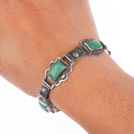 6.9" Vintage 1940's Navajo sterling silver green turquoise link bracelet