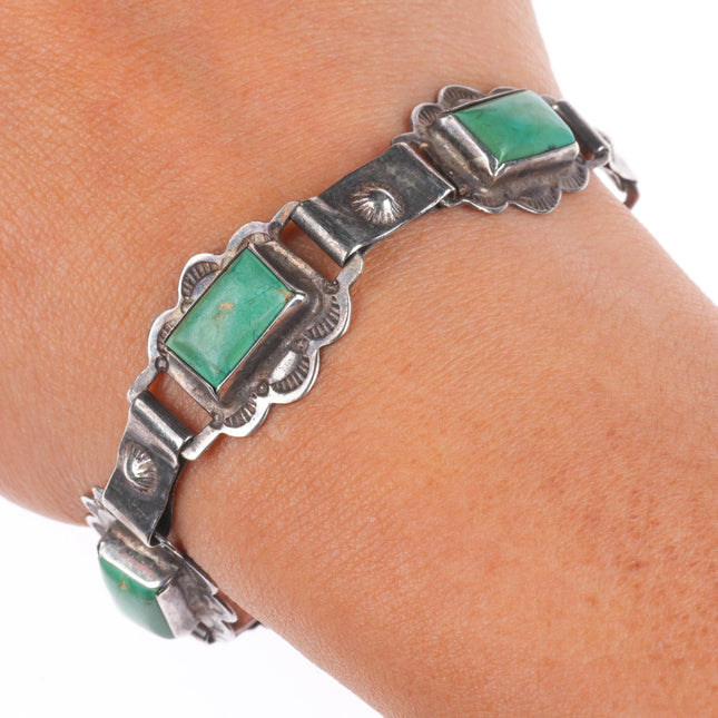6.9" Vintage 1940's Navajo sterling silver green turquoise link bracelet