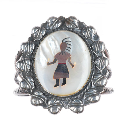 7" Vintage JF Zuni sterling silver shell inlay Kachina Dancer cuff bracelet