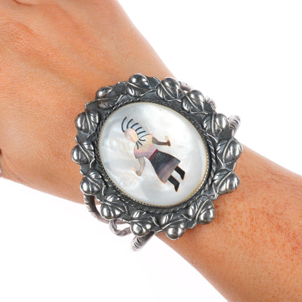 7" Vintage JF Zuni sterling silver shell inlay Kachina Dancer cuff bracelet