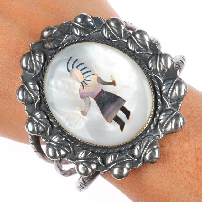 7" Vintage JF Zuni sterling silver shell inlay Kachina Dancer cuff bracelet