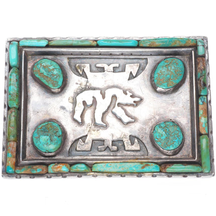 Heavy Vintage Navajo sterling silver turquoise inlay bear belt buckle