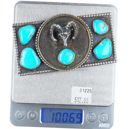 Heavy Vintage Navajo sterling silver turquoise elk bust belt buckle