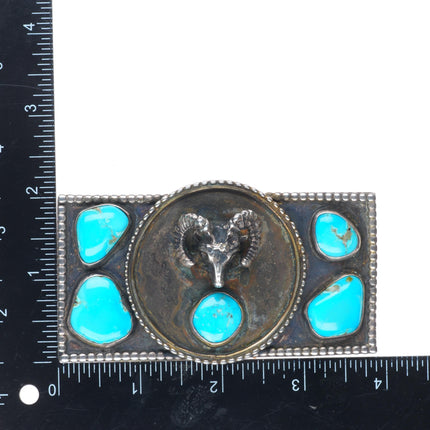 Heavy Vintage Navajo sterling silver turquoise elk bust belt buckle
