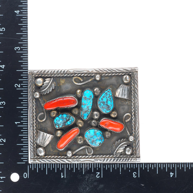 Vintage Navajo sterling silver, turquoise, branch coral belt buckle