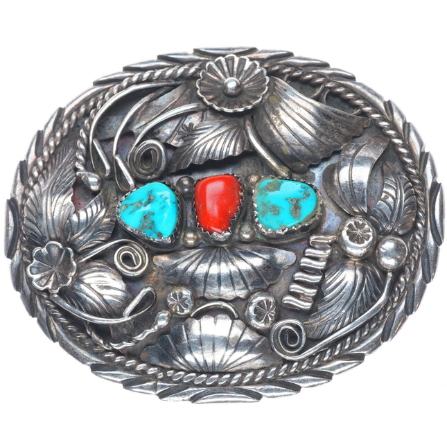Vintage Navajo sterling silver Atkinson Trading post turquoise/coral belt buckle