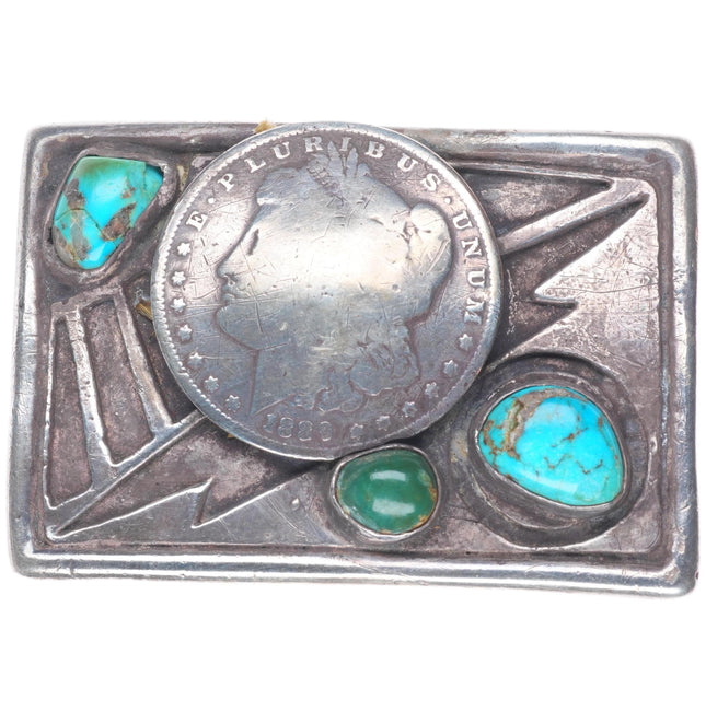 Vintage Navajo sterling turquoise belt buckle with Silver us coin