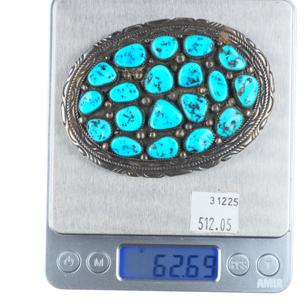 Vintage Navajo sterling silver turquoise cluster belt buckle with stamped rim