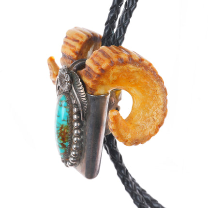 Vintage Navajo sterling silver red spiderweb turquoise carved elk horn bolo tie