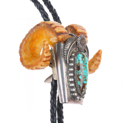 Vintage Navajo sterling silver red spiderweb turquoise carved elk horn bolo tie