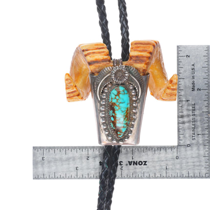Vintage Navajo sterling silver red spiderweb turquoise carved elk horn bolo tie