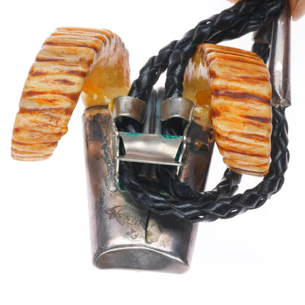 Vintage Navajo sterling silver red spiderweb turquoise carved elk horn bolo tie