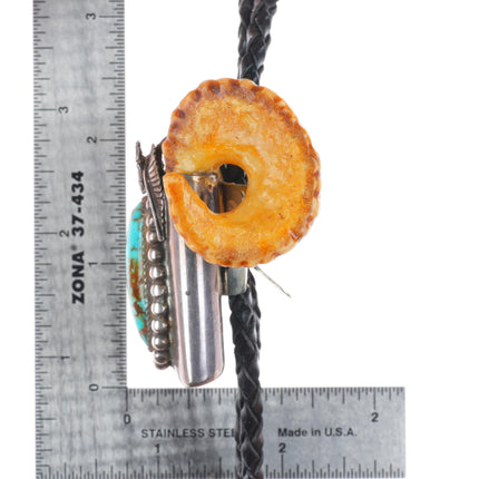 Vintage Navajo sterling silver red spiderweb turquoise carved elk horn bolo tie